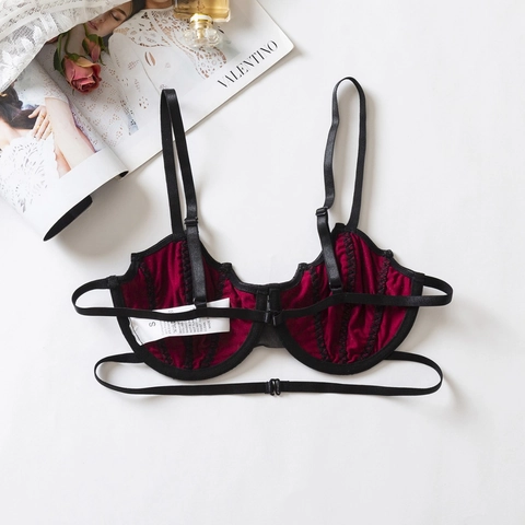 Women's Gothic Black Lace Underwire Bra Bat Wing Design Sexy Velvet Patchwork Strappy Camisole Lingerie For Halloween Party
