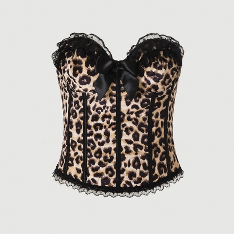 Damen Leopardenmuster Samt Korsett Top Spitzenbesatz Satin Schleife Sexy Schlanke Passform Cami Top Vintage Ästhetik Bustier Top