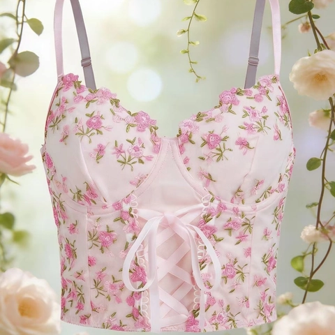 Französisch Vintage Rosa Floral Stickerei Netz Korsett Top Damen Verstellbarer Gurt Schnürung Bustier Camisole Süß Landhausstil