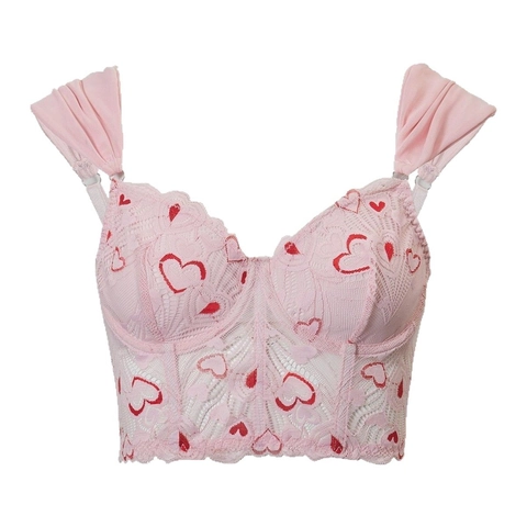 Haut Bustier Corset en Dentelle Rose pour Femme Imprimé Cœur Sexy avec Baleines et Bretelles à Volants Cadeau Saint-Valentin