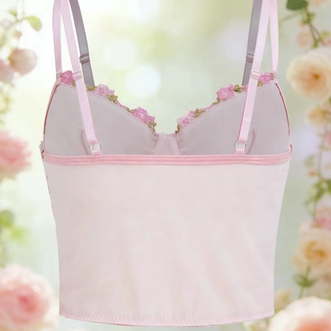 Französisch Vintage Rosa Floral Stickerei Netz Korsett Top Damen Verstellbarer Gurt Schnürung Bustier Camisole Süß Landhausstil