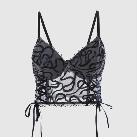 Women Plus Size Gothic Mesh Corset Top Snake Embroidery Lace Up V Neck Camisole Streetwear Sexy Black Tank Top