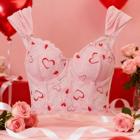 Haut Bustier Corset en Dentelle Rose pour Femme Imprimé Cœur Sexy avec Baleines et Bretelles à Volants Cadeau Saint-Valentin