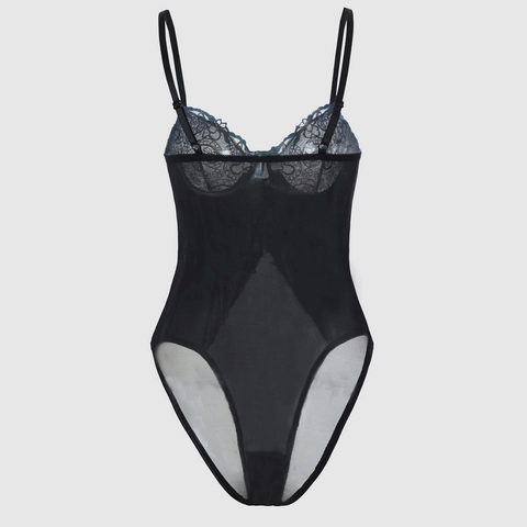 Body Donna Sexy Vintage Francese Nero in Pizzo e Rete Ricamato con Ferretto Senza Maniche Modellante Top Monopezzo