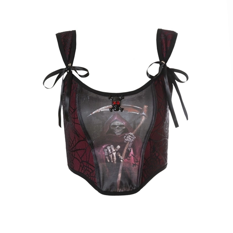 Gotisches Camisole Tank Top mit Sensenmann Druck Halloween Dunkelrot Spinnennetz Netz Korsett Top Sexy Schlanke Passform Weste