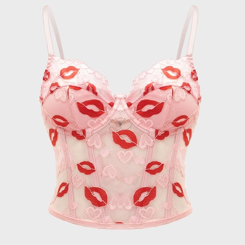 Sexy Rosa Spitze Roter Lippenabdruck Bustier Top Bügel Fischgräten Korsett Cami Für Damen Valentinstag Party Schlankheits Stickerei Camisole
