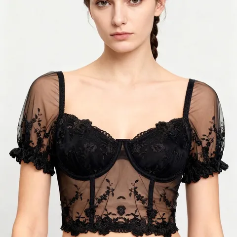 Vintage French Floral Embroidery Puff Sleeve Corset Top Sexy Mesh Bustier Crop Top Square Neck Women Retro Party Blouse