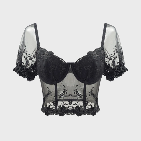 Vintage French Floral Embroidery Puff Sleeve Corset Top Sexy Mesh Bustier Crop Top Square Neck Women Retro Party Blouse