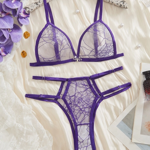 Ensemble de Lingerie Sexy Gothique Halloween Pendentif Chauve-Souris Soutien-Gorge Triangle Toile d'Araignée en Dentelle et String Femmes