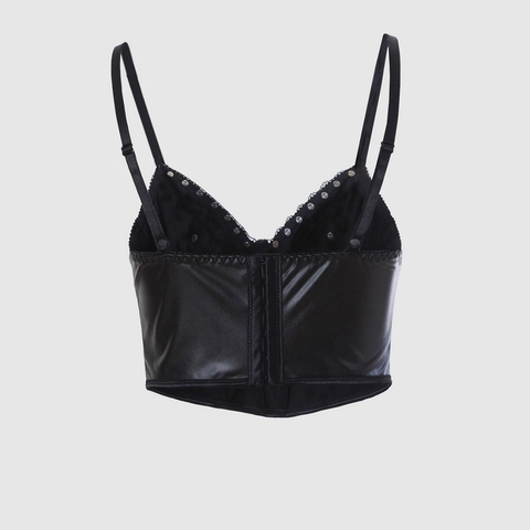 Top Corsé Sexy Punk Gótico de Cuero de PU para Mujer Bustier Con Cruz Remaches Anillo Metálico Encaje Camisola Clubwear