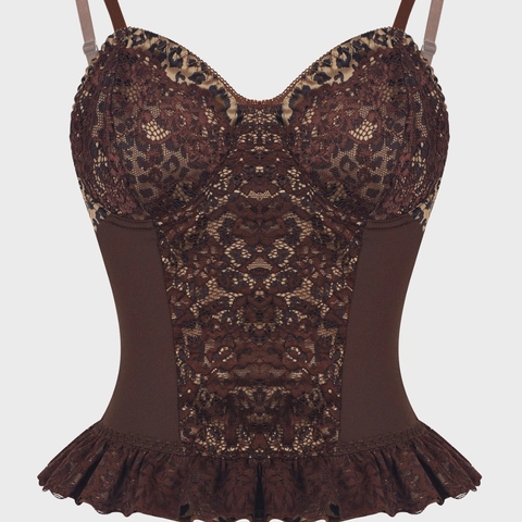 Top Corsetto Vintage con Stampa Leopardata e Pizzo Donna Scollo a Cuore Bordo con Volant Spalline Regolabili Sexy Canotta