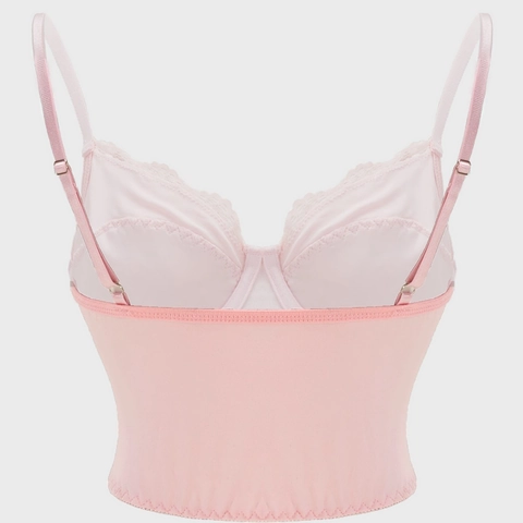 Canotta Bustier da Donna in Pizzo Rosa Patchwork Sexy Scollo a V Seta di Latte Corsetto con Fiocco Spalline Regolabili Top Aderente alla Moda