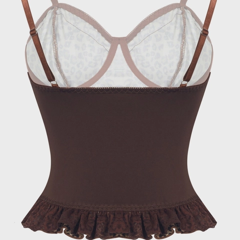 Top Corsetto Vintage con Stampa Leopardata e Pizzo Donna Scollo a Cuore Bordo con Volant Spalline Regolabili Sexy Canotta