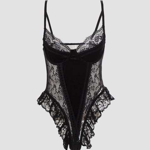 Lingerie da Donna Sexy Nera in Pizzo e Velluto Bodysuit Scollo a V Spalline Regolabili Bordo in Pizzo a Ciglia Volant Intimo Teddy