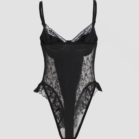 Lingerie da Donna Sexy Nera in Pizzo e Velluto Bodysuit Scollo a V Spalline Regolabili Bordo in Pizzo a Ciglia Volant Intimo Teddy