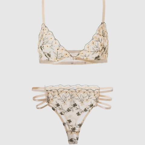 Damen Blumenstickerei Mesh BH Und Slip Französischer Stil Transparente Lingerie Aprikose Spitze Unterwäsche
