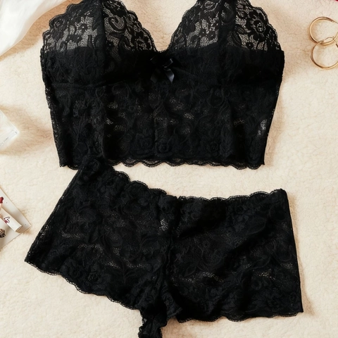 Ensemble de Lingerie Sexy en Dentelle Noire Grande Taille Haut Caraco Floral Transparent Et Short de Nuit Pour Femme
