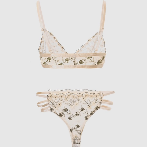 Damen Blumenstickerei Mesh BH Und Slip Französischer Stil Transparente Lingerie Aprikose Spitze Unterwäsche