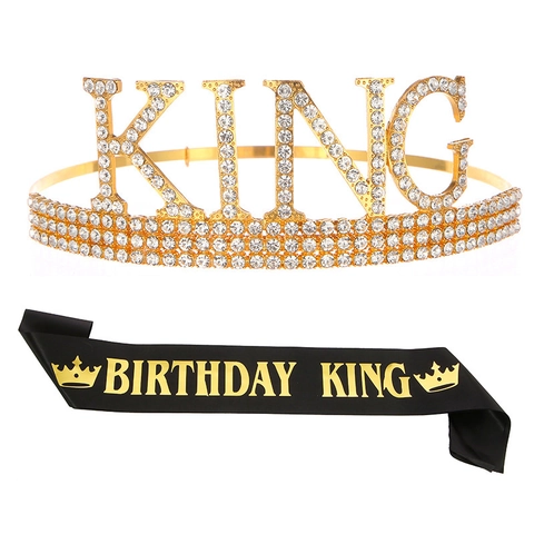 Set Corona e Fascia Compleanno King per Uomo Oro Argento Strass Lega Corona King con Fascia in Satin Birthday King Decorazione Festa