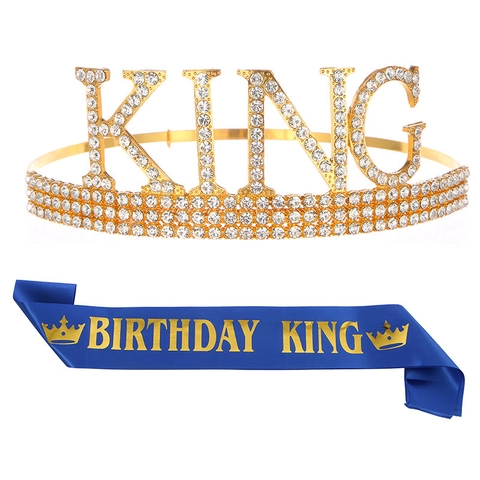 Set Corona e Fascia Compleanno King per Uomo Oro Argento Strass Lega Corona King con Fascia in Satin Birthday King Decorazione Festa