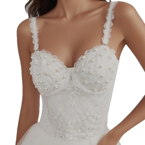 Women Sexy Lace Corset Bustier Top With Artificial Pearl Decor Elegant Floral Embroidery Underwire Mesh Strappy Crop Top For Party Wedding