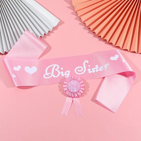 Fascia In Raso Big Sister E Set Di Distintivi Per Decorazioni Per Feste Di Compleanno Baby Shower Rosa Blu Lago Cuore