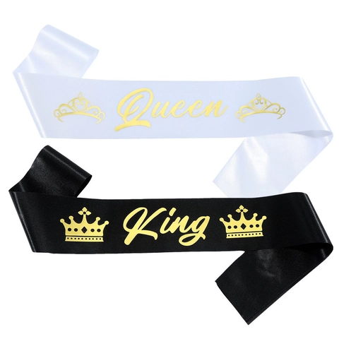 Fascia per Feste in Raso Stampa a Caldo Oro Scritta King Queen Design Corona Nastro Cerimoniale per Ballo Compleanno Celebrazione Decorazione