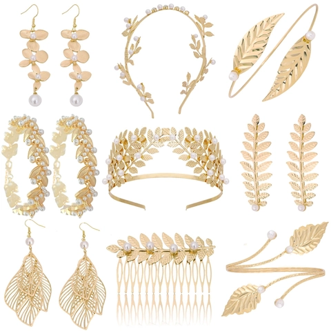 Lujo Barroco Oro Hoja Perla Artificial Diadema Pendientes Brazalete Collar Diosa Griega Floral Joyería Nupcial Para Boda Fiesta Mujer