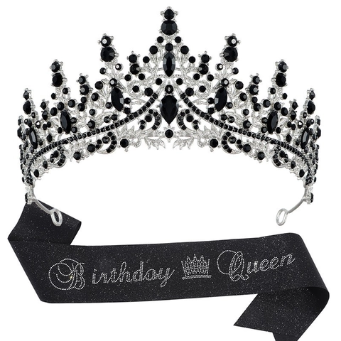 Birthday Queen Kristall Krone Und Glitzer Schärpe Set Legierung Strass Tiara Schärpe Für Damen Geburtstag Party Deko Schmuck