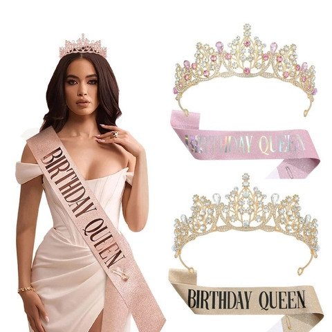 Ensemble Couronne et Écharpe Birthday Queen pour Femmes Diadème en Strass et Écharpe Pailletée Décorations de Fête