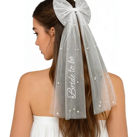 Weißer Braut Haar Bow Schleier Mit Bride To Be Stickerei Und Künstliche Perlen Elegant Netzgewebe Haarspange Für Junggesellinnenabschied Hochzeit Damen
