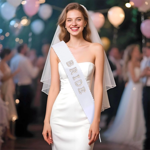Bride Crown And Sash Set Alloy Artificial Pearl Rhinestone Bride Tiara With Satin Sash For Bachelorette Party Wedding Decorations
