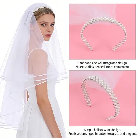 Elegante Cerchietto con Künstliche Perle e Velo da Sposa Bianco Rete a Doppio Strato Accessorio per Capelli per Addio al Nubilato Matrimonio Donna