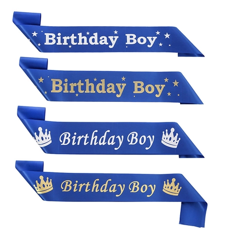 Fascia di Compleanno in Raso Blu Birthday Boy Decorazione Festa Con Motivo Corona Stella Oro Bianco Per Bambini Uomo