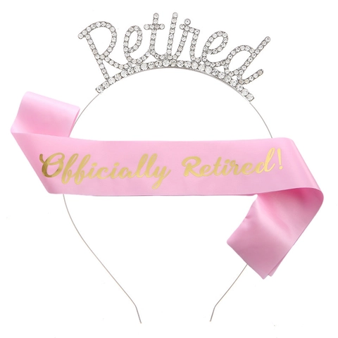 Serre-Tête en Alliage Strass Retired et Écharpe en Satin Officially Retired Décorations de Fête de Retraite Accessoires pour Femmes