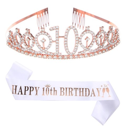 10° Compleanno Corona in Lega di Strass Oro Rosa E Fascia in Raso Happy Birthday Tiara per Decorazioni Festa Ragazze Celebrazione