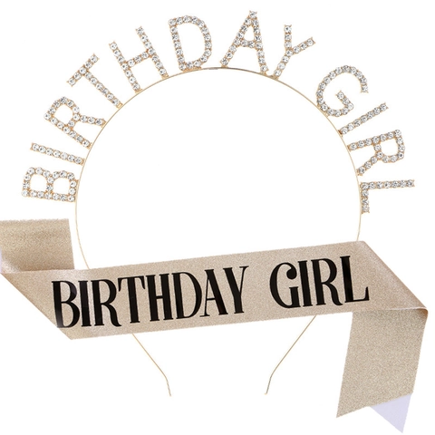 Serre-Tête Birthday Girl En Alliage De Strass Et Écharpe En Tissu Pailleté Pour Décoration De Fête D'Anniversaire Pour Femmes Filles
