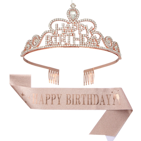 Tiara Happy Birthday E Fascia Cerchietto Con Cristalli Strass Decorazioni Per Festa Di Compleanno Per Donne Ragazze Accessori Rosa Oro Argento