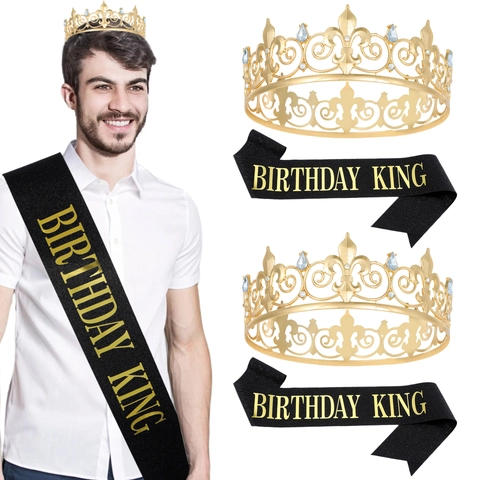 Homme Birthday King Décoration de Fête Alliage Or Couronne Noir Écharpe Strass Tiare Écharpe Anniversaire Célébration Déco
