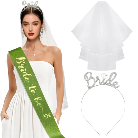 Bride To Be Bachelorette Party Set With Rhinestone Bride Letter Headband Double Layer White Veil And Satin Sash For Wedding