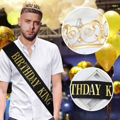 Homme Birthday King Décoration de Fête Alliage Or Couronne Noir Écharpe Strass Tiare Écharpe Anniversaire Célébration Déco