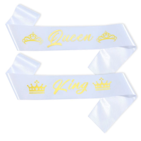 King Queen Satin Sash For Birthday Wedding Party Prom Celebration Bronzing Crown Pattern Couple Ceremony Decorative Accessories