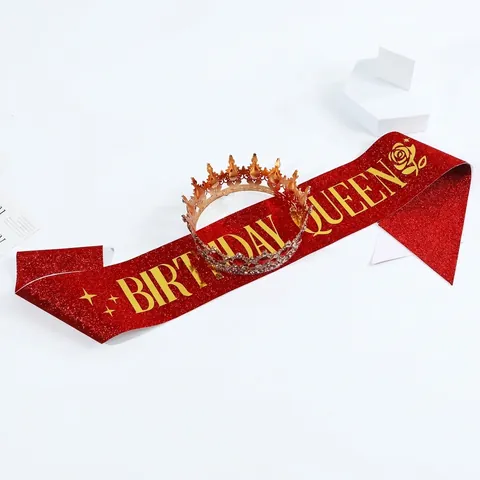 Baroque Birthday Queen Crown Sash Set For Women Rhinestone Alloy Tiara Glitter Sash Birthday Party Decorations Accessories