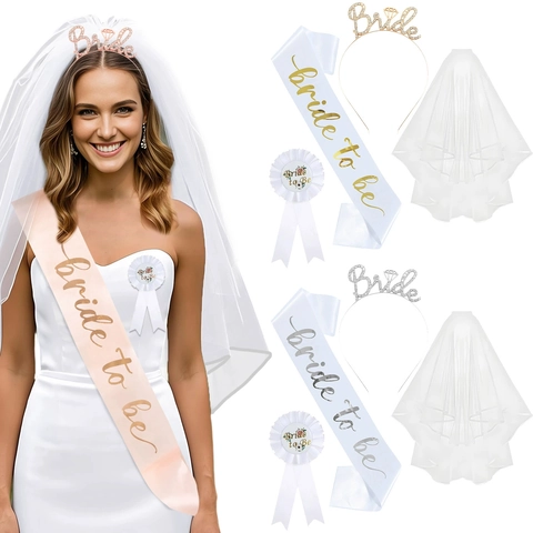 Bachelorette Party Set Bride To Be Satin Sash Rhinestone Headband Double Layer Mesh Veil Badge For Wedding Hen Party Women