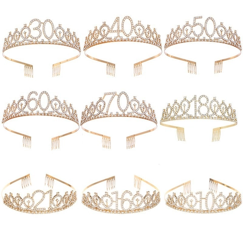 Corona di Compleanno in Strass Tiara Con Numeri Oro Argento Oro Rosa Lega Cerchietto Donna Ragazze Festa Accessori Capelli