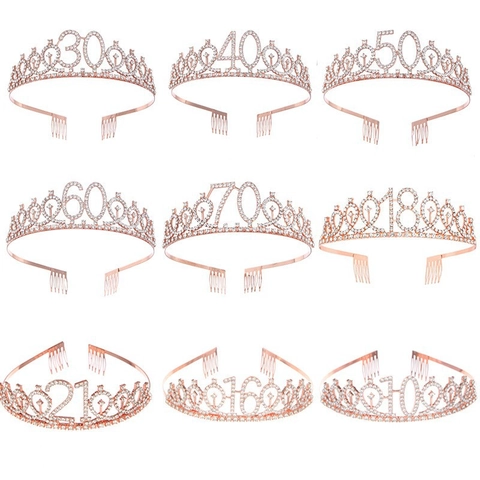 Corona di Compleanno in Strass Tiara Con Numeri Oro Argento Oro Rosa Lega Cerchietto Donna Ragazze Festa Accessori Capelli