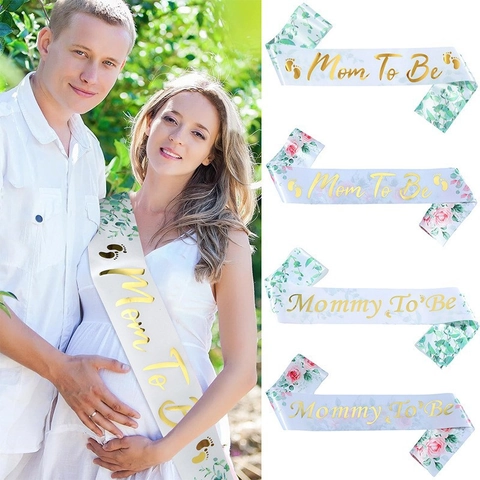 Satin Mommy To Be Sash For Baby Shower Decorations Gold Stamping Floral Mother To Be Shoulder Strap Party Wear Accessory