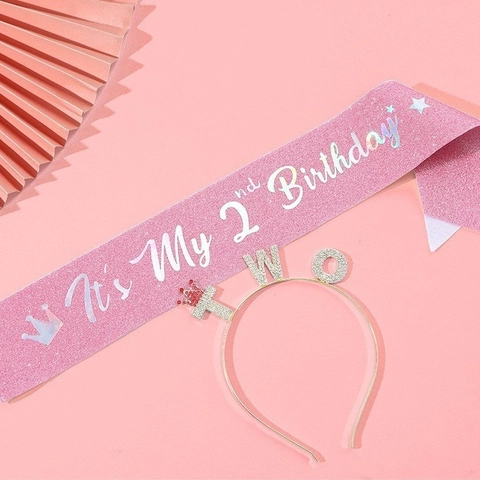 Ensemble Fête 2ème Anniversaire Enfants Écharpe Pailletée Rose et Bandeau Couronne TWO Strass Or pour Décoration Anniversaire