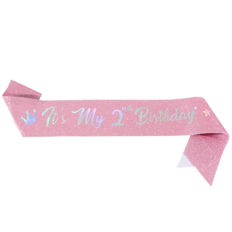 Ensemble Fête 2ème Anniversaire Enfants Écharpe Pailletée Rose et Bandeau Couronne TWO Strass Or pour Décoration Anniversaire