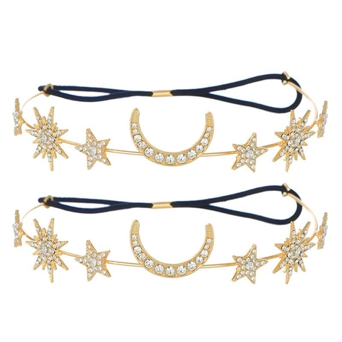 Cerchietto a Corona in Lega d'Oro Bohemien con Luna e Stelle con Strass Copricapo da Sposa per Matrimonio Festa Donna Accessori